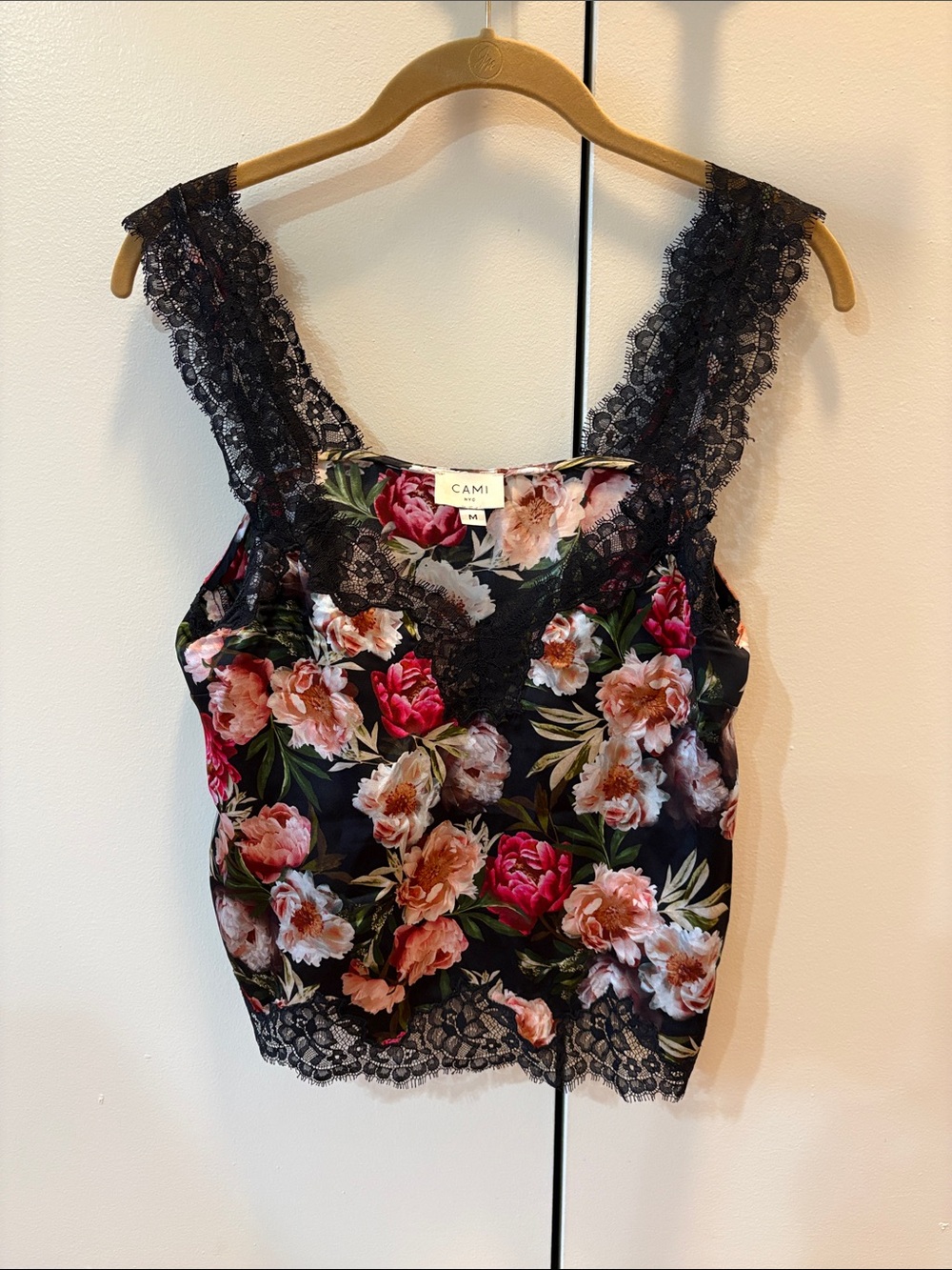 Cami NYC Black Floral Lace-Trim Camisole with Pink Blooms